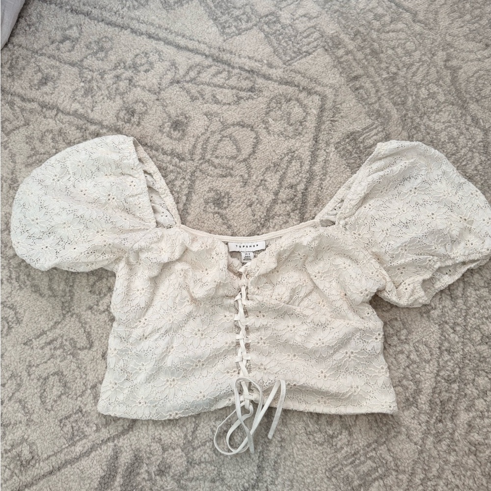 Topshop Cream Lace Puff Sleeve Blouse